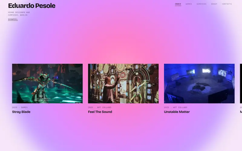 Eduardo Pesole homepage with a pink background and a gallery of projects