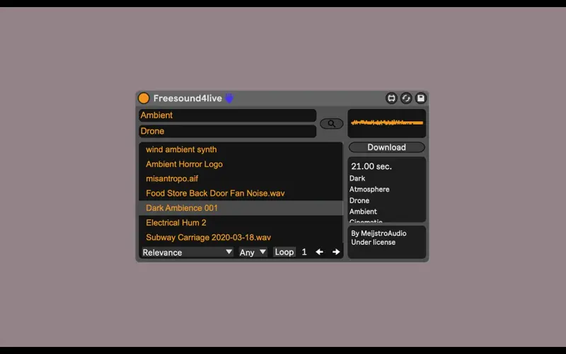 Freesound4Live search results and sample details panel