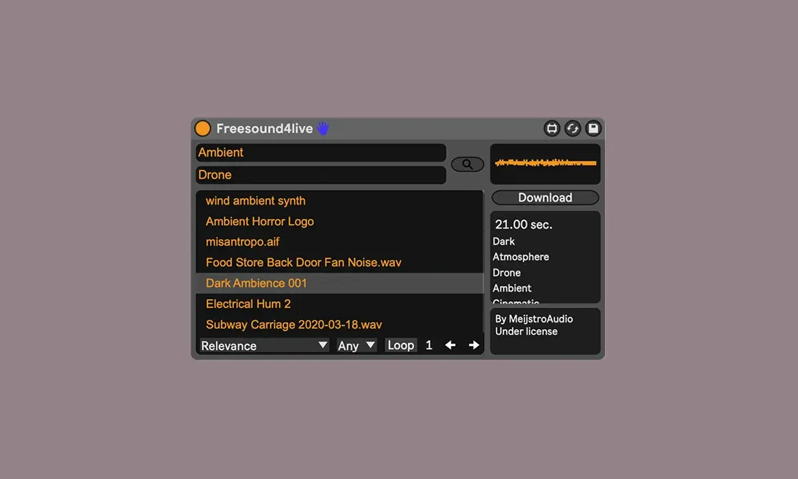 Freesound4Live search results and sample details panel