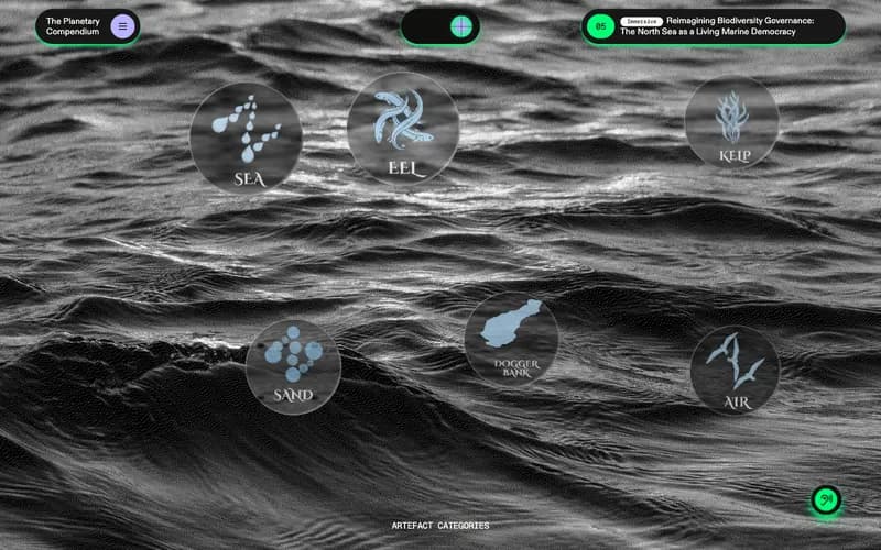 North Sea immersive experience with sea, eel, kelp, sand, Dogger Bank and air bubbles captured in motion over an animated ocean
