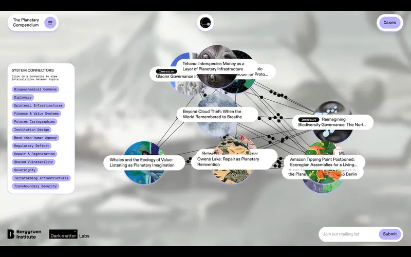 Planetary Compendium interface with connected topic labels over a globe