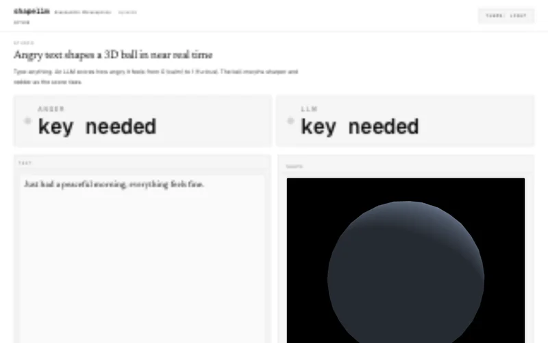 ShapeLLM website with a text input and an interactive 3D ball
